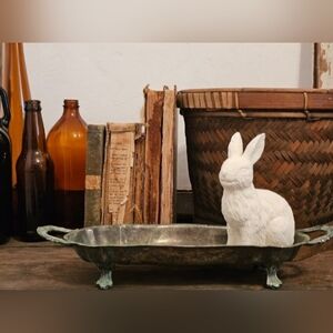 Vintage Patina Silver Tray with White Bunny Rabbit